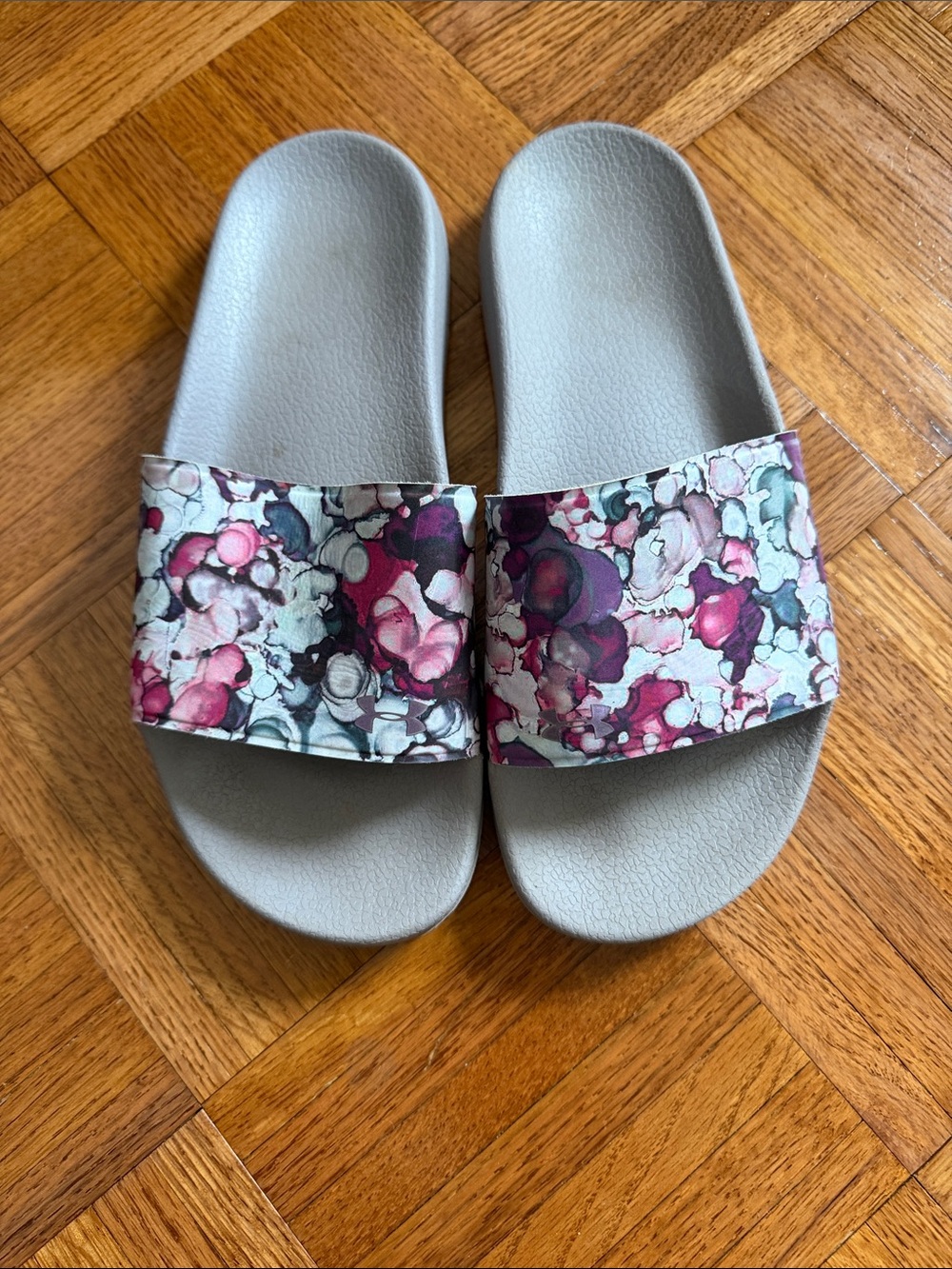 Under Armour Gray Slide Sandals with Pink Floral Strap